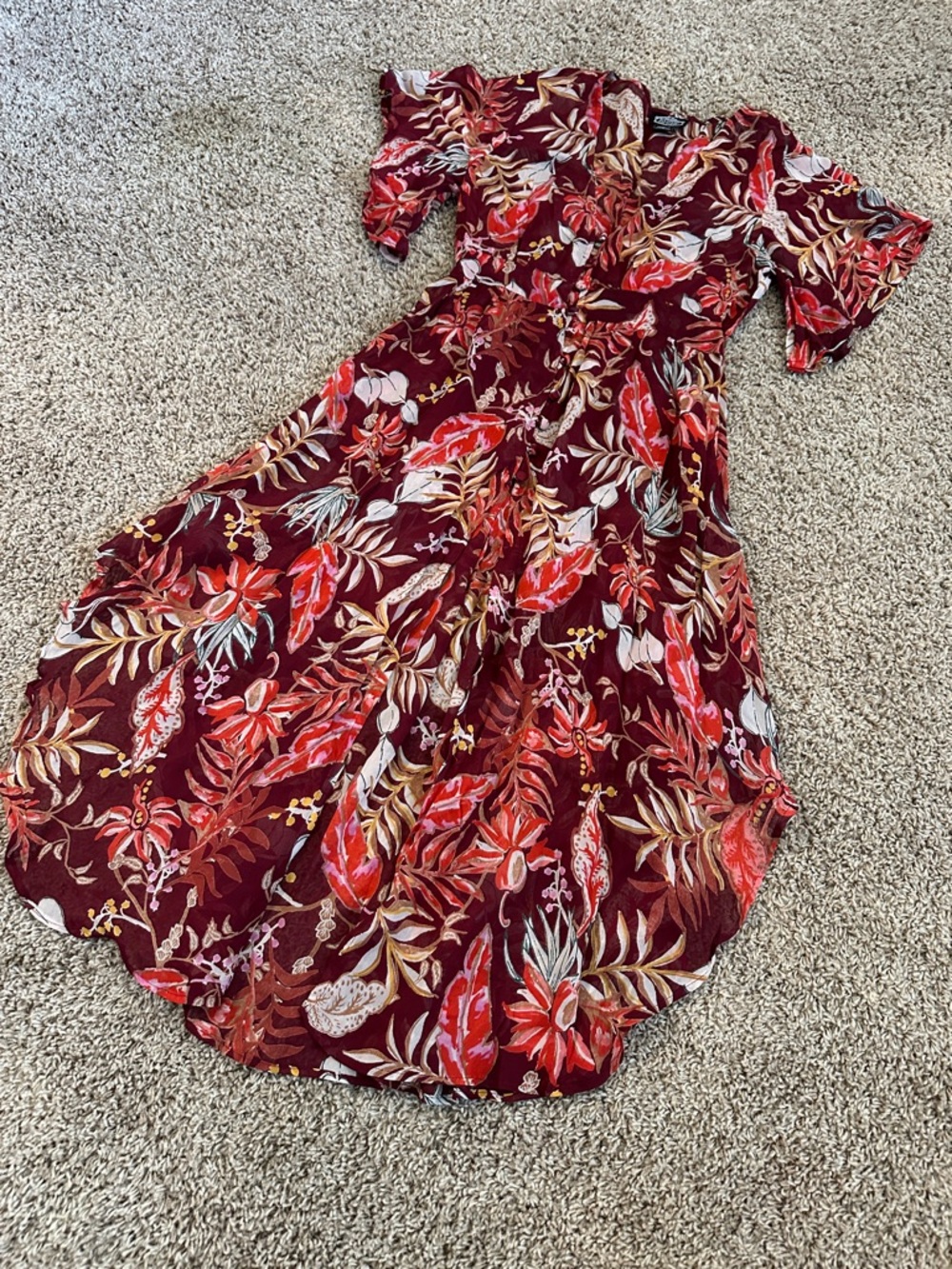 Angie Medium Sheer Burgundy Floral Midi over Dress Button front Fairy Bell boho